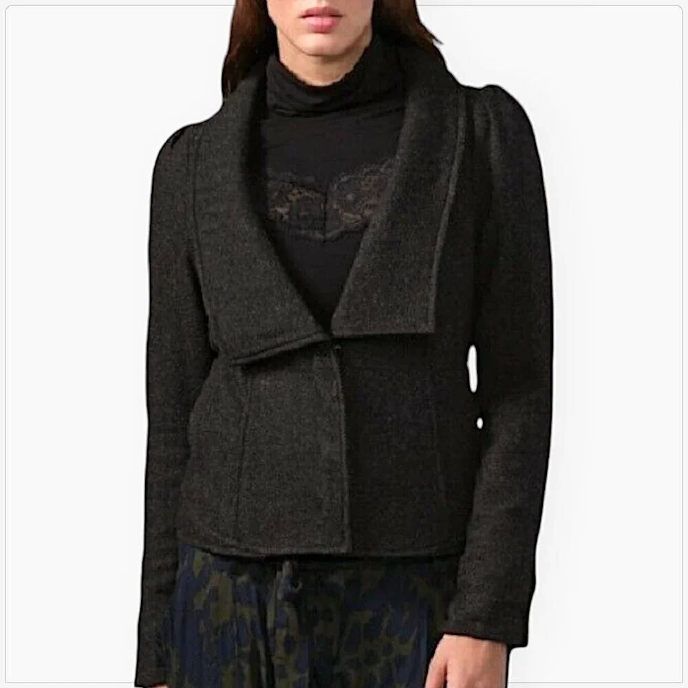Free People Charcoal Gray Herringbone Tweed Puff Sleeve Jacket Blazer Coat 4